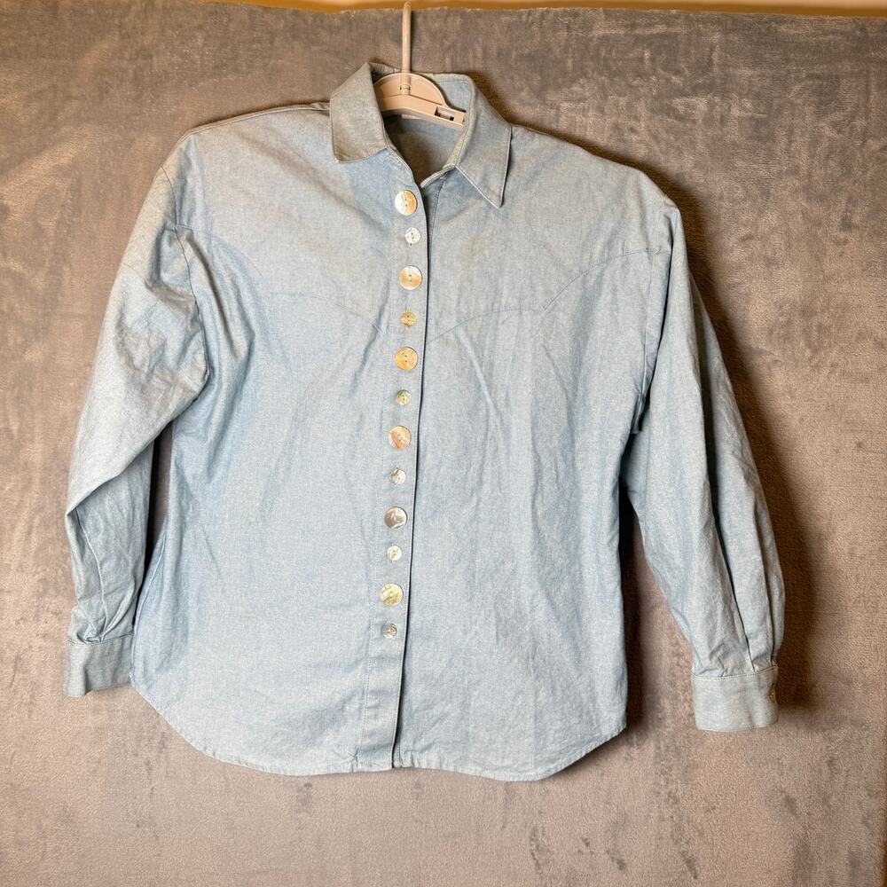 Vintage New Frontier Western Shirt Pearl Snap Light Blue USA Womens Small